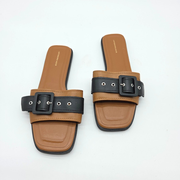 Anthropologie Buckle Slide Sandals Size 37 7 Slip On Brown Black Open Toe Anthro - Picture 3 of 7